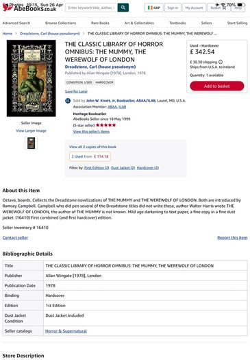 First edition hardback  The Mummy and The Werewolf of London Classic Library of Horror Omnibus Carl Dreadstone