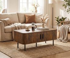 Coffee Table with Storage with Slatted Tambour Sliding Doors and Foot Pads