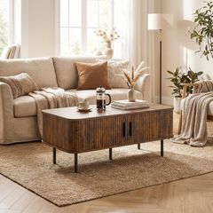Coffee Table with Storage with Slatted Tambour Sliding Doors and Foot Pads