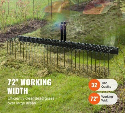 Tow Behind Landscape Rake 72"/183 cm Lawn Dethatcher Rake with 32 Steel Tines