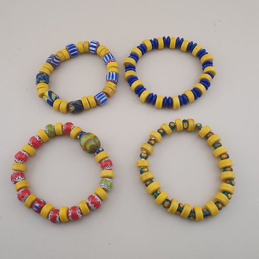 Vintage Lot of 4 Mix Yellow African & Trade Glass Beads Bracelet