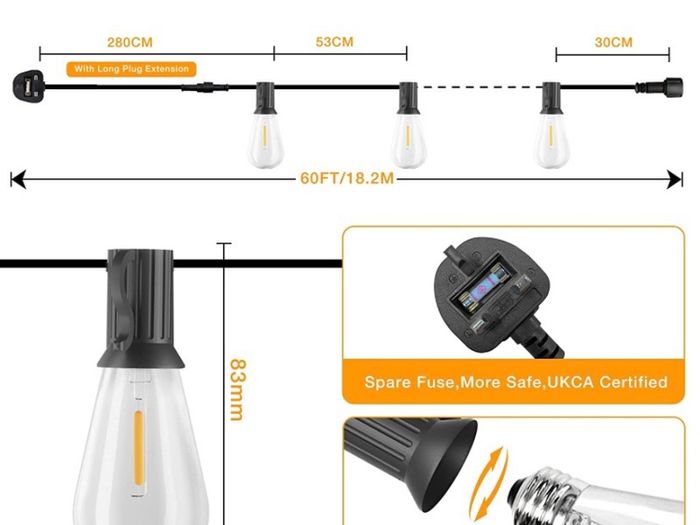 Festoon Lights Outdoor 60FT, String Lights Mains Powered Waterproof with 31Pcs ST38 Plastic LED Bulbs, 2200K Warm White Garden Patio String Lights for Party Decor Wedding (FREE POSTAGE)