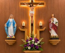 Wall-Mounted Catholic Altar Crucifix, Virgin Mary & St. Joseph