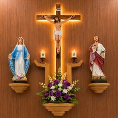 Wall-Mounted Catholic Altar Crucifix, Virgin Mary & St. Joseph