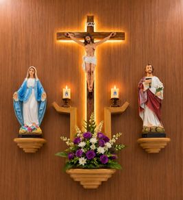 Wall-Mounted Catholic Altar Crucifix, Virgin Mary & St. Joseph