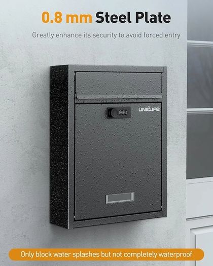 Wall Mount Mailbox for Outside, Large Locking Mailbox with Combination Lock, Security Mail Box for House, Safe Key Drop Box, Post Box, Steel Cash Drop Box for Home Office School, Black