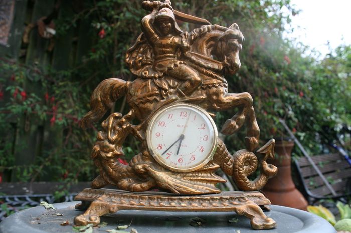Vintage Brass Table Clock Knight on Horseback and Dragon, Saint George and Dragon, Mechanical  Clock SLAVA 11 JEWELS,  Working