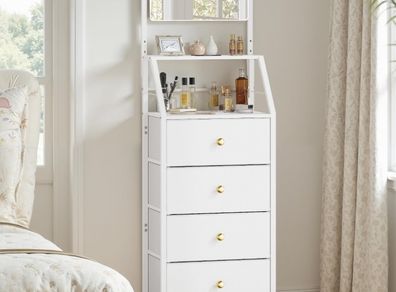 Chest of Drawers with Adjustable Mirror, 2 in 1 Dresser, White 360 Rotating Mirror, 2 in 1 Versatile Free Standing, 4 Drawers, Fitting a Lot in but Take Compact Space