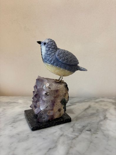 Hand-Carved Blue Tit on Raw Amethyst Cluster Base