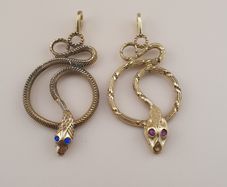 Vintage Lot of 2 Snake with Blue & Red Eyes Brass Pendant 65.5mm