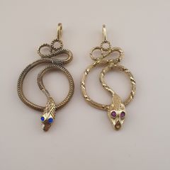 Vintage Lot of 2 Snake with Blue & Red Eyes Brass Pendant 65.5mm