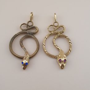 Vintage Lot of 2 Snake with Blue & Red Eyes Brass Pendant 65.5mm