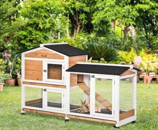 Rabbit Hutch Outdoor with Run Guinea Pig Hutch, 2-Tier Bunny Cage with Wheels, No-Leak Plastic Tray, 157.4 x 53 x 99.5 cm, Yellow