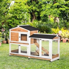 Rabbit Hutch Outdoor with Run Guinea Pig Hutch, 2-Tier Bunny Cage with Wheels, No-Leak Plastic Tray, 157.4 x 53 x 99.5 cm, Yellow