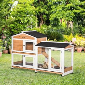Rabbit Hutch Outdoor with Run Guinea Pig Hutch, 2-Tier Bunny Cage with Wheels, No-Leak Plastic Tray, 157.4 x 53 x 99.5 cm, Yellow