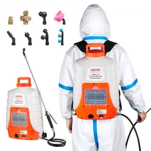Battery Powered Backpack Sprayer 15.1 L Tank 0-90 PSI Adjustable Pressure  Features & Details No More Hand Pumping: Spraying has never been easier! VEVOR's battery-powered sprayer features a durable 8Ah lithium-ion battery, which can spray for 4-6 hou