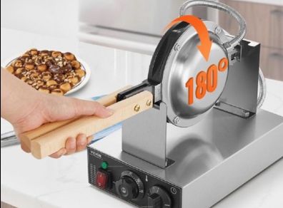 New Commercial Bubble Waffle Maker, 1400W Egg Pancake Baker Machine, Non-Stick Stainless Steel Egg Bubble Puff, 180 Rotatable, Temp and Time Control, Wooden Handle, for Restaurant Bakery Snack Bar