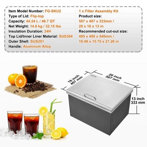 Drop in Ice Chest, 20"L x 16"W x 13"H Stainless Steel Ice Cooler, Commercial Ice Bin with Hinged Cover