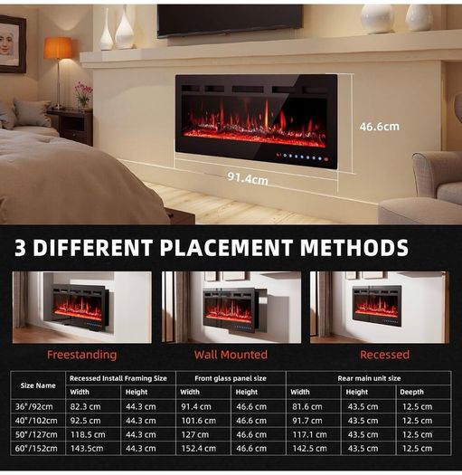 36/92cm Electric Fireplace Adjustable CD 12 Color Flame & Crackling Sound, 900W /1500W Fire Place with Precise 15/30C Thermostat, Intuitive Touch Screen & Remote, Perfect for Media Walls