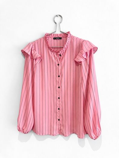 Pre Owned Dunnes Stores Pink Striped Ruffle Blouse