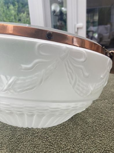 Vintage Art Deco Fluted White Opaque Glass and Copper Ceiling Light