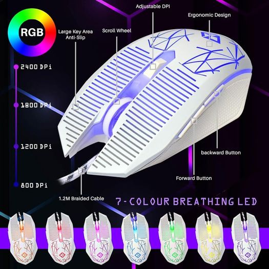 Raptor White Gaming Keyboard And Mouse Set With Large Mouse Pad, Rainbow LED Illustrated Keys, USB Wired Desktop Combo, UK Layout, For Desktop PC, Laptop, PS4, PS5, Xbox One