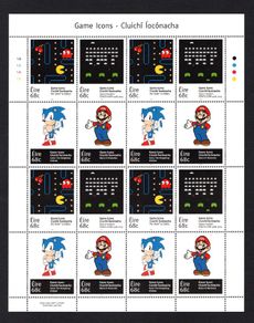 2014 Ireland Game Icons (Pac Man & Bingi, Space Invaders, Sonic the Hedgehog & Super Mario) Commemorative Stamp Sheetlet Plate 1A1A1A1A Mint Never Hinged (MNH)