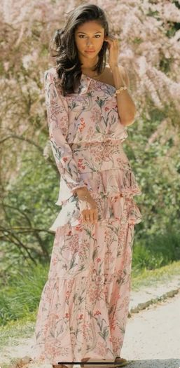 H&M Johanna Ortiz Silky Pink Floral One Shoulder Ruffle Maxi sz12