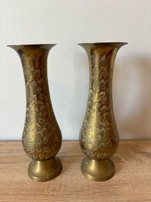 A Pair of Vintage Floral Brass Vases