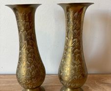 A Pair of Vintage Floral Brass Vases
