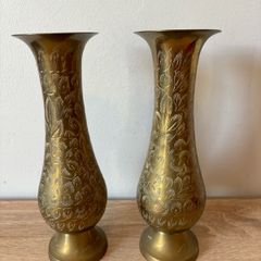 A Pair of Vintage Floral Brass Vases