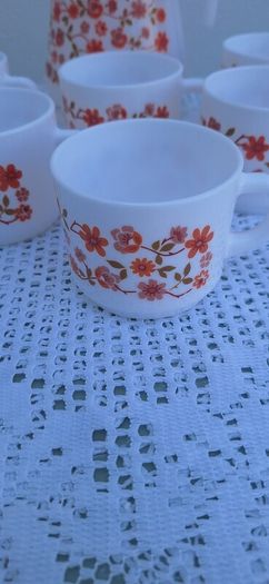 Vintage  1970s Arcopal France Milk Glass Jug and Cups Set