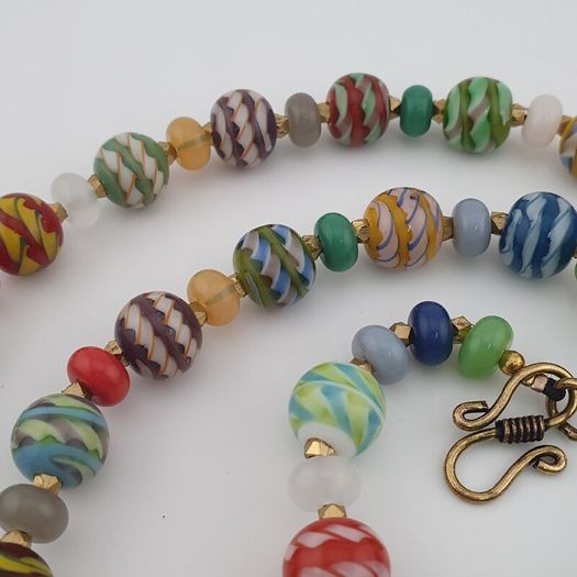 Antique Venetian Style MultiColor Stripe`Pattern Glass Beads Necklace