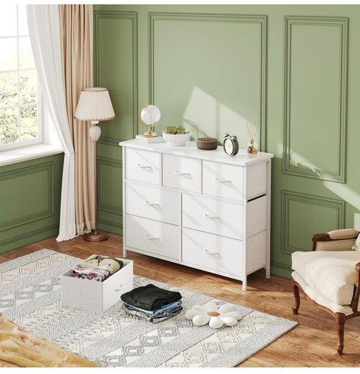 Chest of Drawers for Bedroom with 7 Drawers, Fabric Storage Drawer, Tall White Hallway Storage Unit
