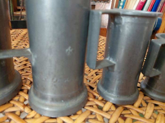 Antique French solid pewter measuring tankards Fleurs de lys complete set