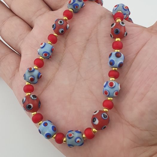Antique Venetian Style Blue Skunk Eyes & Red Venetian WhiteHeart Glass Beads Necklace