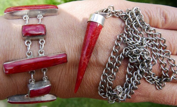 Vintage Red Fossilized Coral .925 Sterling Silver handcrafted Large Bali Bracelet and Red Coral Horn Pendant Necklace
