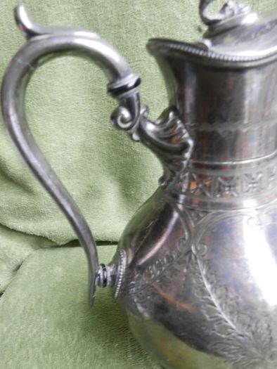Antique Lidded Jug, Antique Silver Plate, Engraved Foliate and Scroll Designs Jug.
