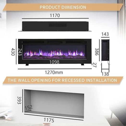50"/127cm Electric Fireplace, Wall Mounted, Recessed, 9 Colour Flame Effect, Media Wall Compatible, 900W - 1800W Heater, Remote Control