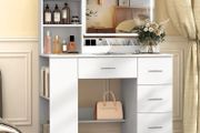 White Dressing Table with LED Mirror 3-Color Lights &amp; Side Cabinet, 2-in-1 Makeup Vanity Desk and Nightstand with 4 Drawers &amp; 6 Storage Shelves, Girls Vanity Table Bedroom Dresser, Large 90cm