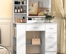 White Dressing Table with LED Mirror 3-Color Lights & Side Cabinet, 2-in-1 Makeup Vanity Desk and Nightstand with 4 Drawers & 6 Storage Shelves, Girls Vanity Table Bedroom Dresser, Large 90cm