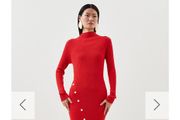 KAREN MILLEN Red Ribbed Knit Silver Studded Midi Sz M (Fit 8-10UK) - Rrp 165 (New)