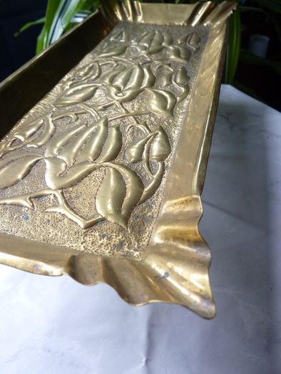 Original Art Nouveau Brass Dressing Table Pieces. Photo Frame and Repousse Tray