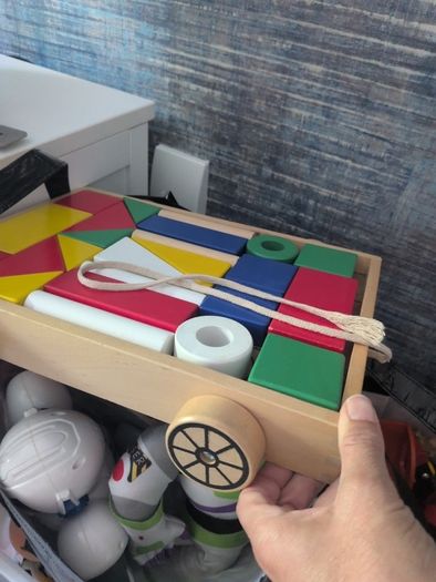 IKEA MULA wooden building blocks and pull wagon