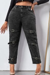 High Waist Buckle Strap Detail Jeans