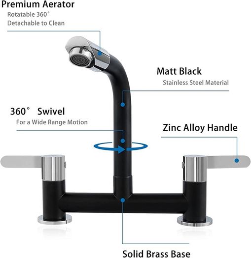 Black Kitchen Mixer Tap Dual Lever with 360 Degree Aerator, Swivel Kitchen Bridge Taps 2 Hole Sink Monobloc Faucet, 180mm Centres Deck Mounted with G1/2 Hose UK Standard Fittings MULTIPLE COLOURS AVAILABLE (FREE POSTAGE)