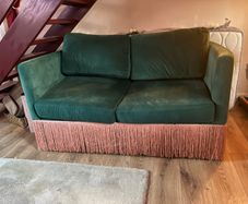Green Velvet 2-Seater Sofa Bed with Pink Fringe