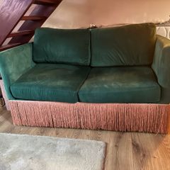 Green Velvet 2-Seater Sofa Bed with Pink Fringe