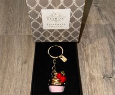 Tipperary Crystal Gold and Pink Cupcake with Red Cherries Keyring