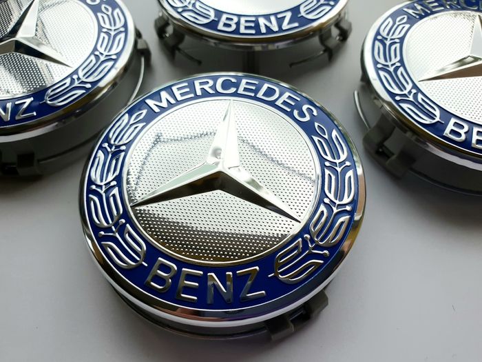 Mercedes Benz Classic 75mm Chrome / Blue 4 x Wheel Center Caps Cap Hub